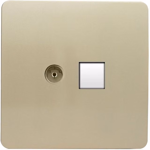 Trendi Switch Artistic Modern Glossy 2 Gang TV Co-axial and RJ45 Cat 5e Ethernet Socket in Gold