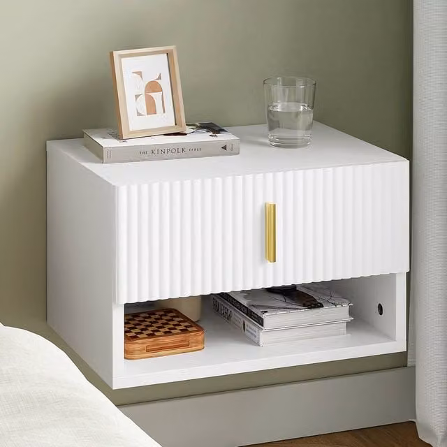 SoBuy Wall-Mounted Nightstand with Integrated LED Lighting and White and Gold Striped Drawer – 1