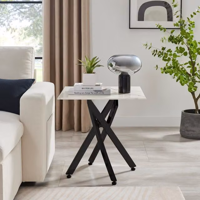 FurnitureboxUK Leonardo Square Marble Effect Glass Top Side Table with Black Metal Starburst Legs in White