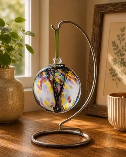 Sienna Glass Spirit Ball Handcrafted Mouth-Blown Glass Ornament in Purple, Green and Blue with Tree of Life Design, Diameter: 10 cm – 2