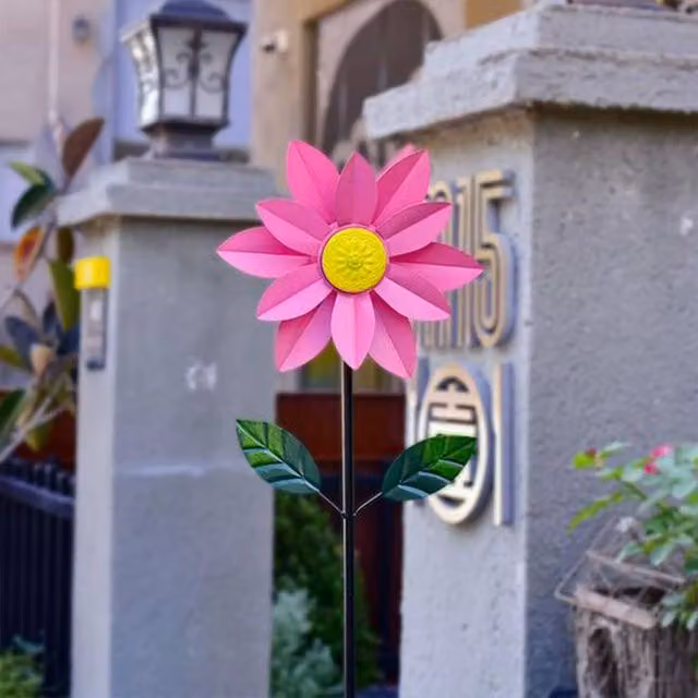 Quipulse Style 2 Simulated Sunflower Rotating Windmill Ornament in Pink and Yellow Metal