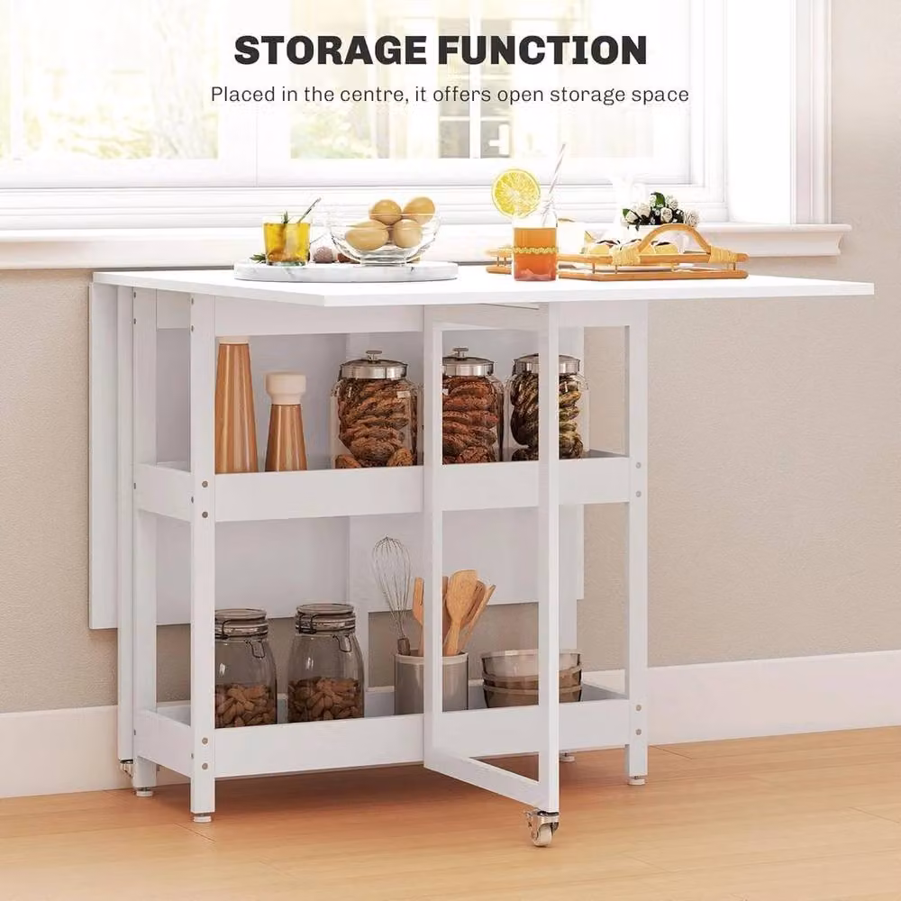 VOGREX White 4-Seater Modern Folding Drop-Leaf Dining Table with Castors, W/D/H: 133.4 x 50.2 x 75 cm – 3