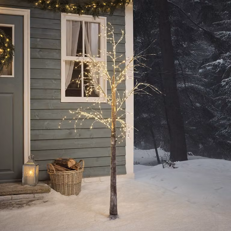 Lights4fun 1.8m Snowy Pre Lit Outdoor Twig Tree with Warm White LED Lights