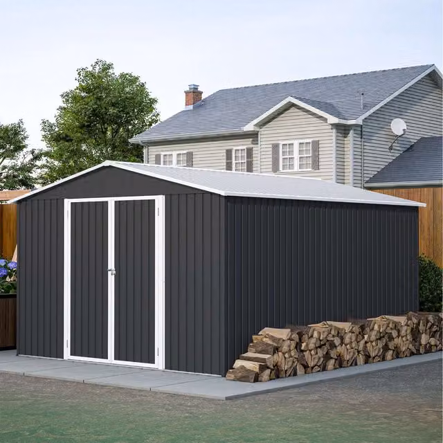 BIRCHTREE Anthracite Metal Garden Shed with Double Doors and Gable Roof