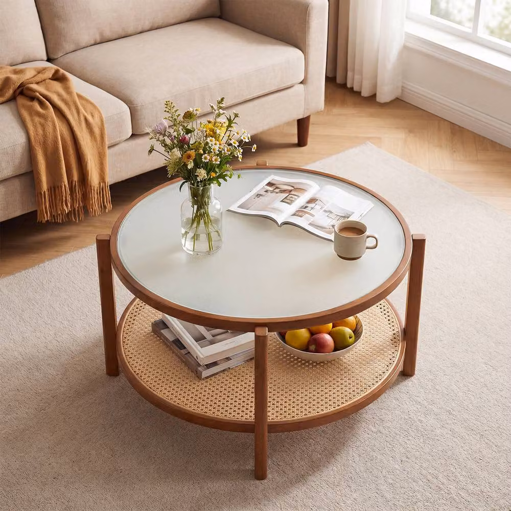 Gymax Round 2-Tier Rattan and Acacia Wood Coffee Table with Glass Top in Brown – 2