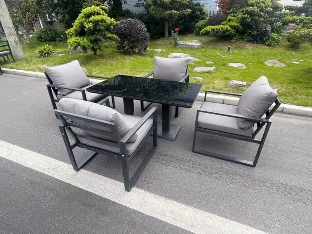 Fimous Aluminum Garden Dining Set with Adjustable Rising Table and 4 Chairs in Black and Dark Grey with Tempered Glass