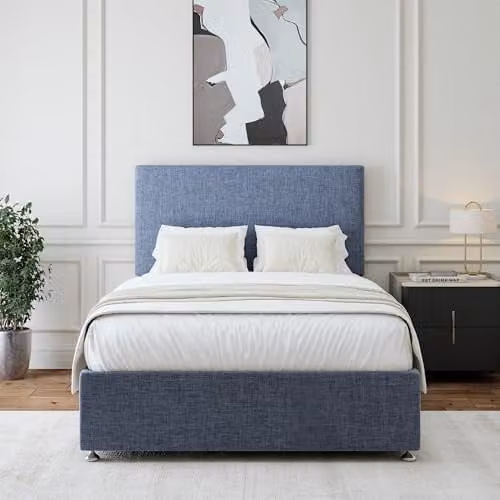 Bedmaster Linen Upholstered Divan Bed Base with 2 Drawers and Plain Headboard, Black or Blue, W/D/H: 90 x 190 x 38 cm