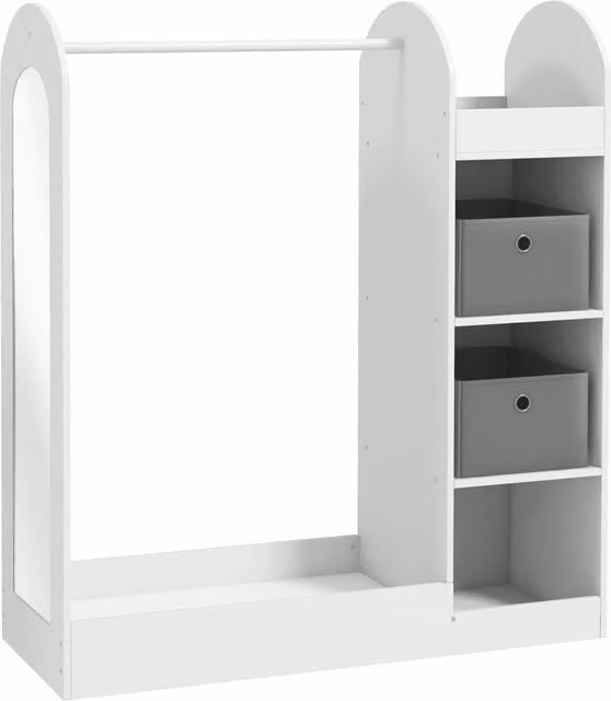 AIYAPLAY Kids Clothes Rail with Storage Shelf, Boxes and Mirror in White – 1