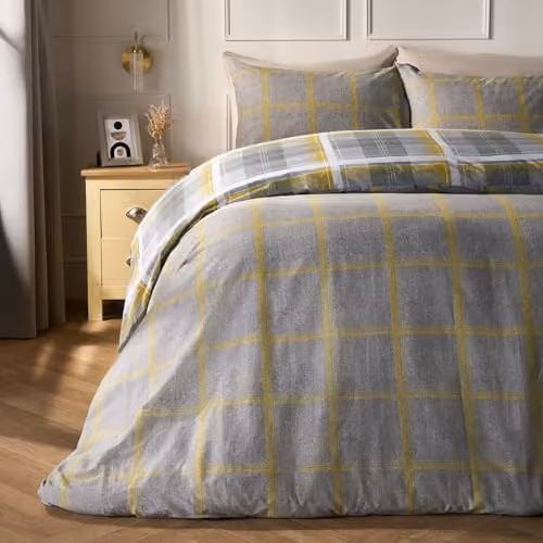 Dreamscene Reversible Checked Duvet Cover and Pillowcase Set in Yellow and White, Single, W/H: 90 x 200 cm – 3