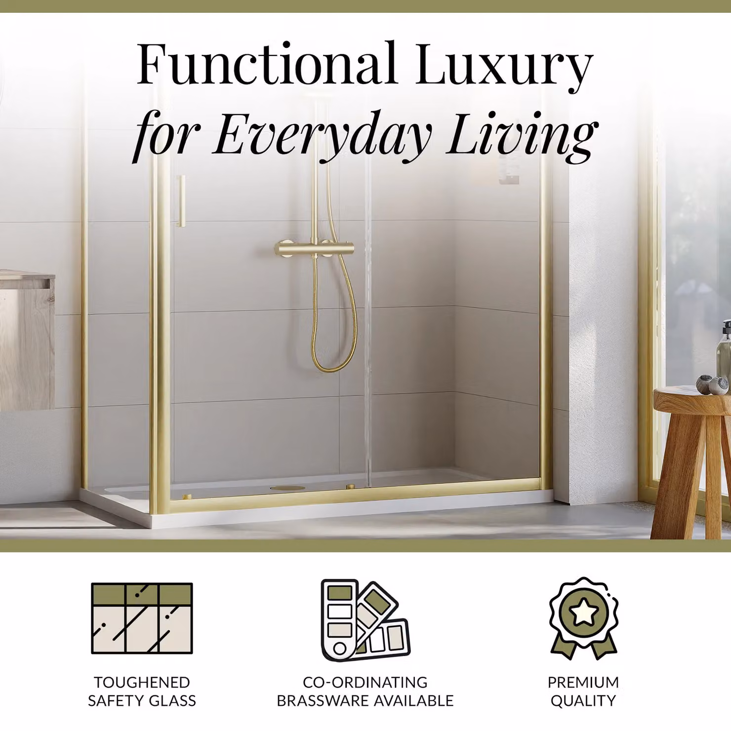 Balterley Ruwa Sliding Shower Suite with Rectangular Tray and 6mm Toughened Glass, Gold and White, W/D: 1400 x 700 mm – 3
