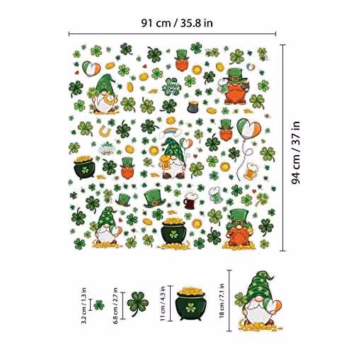 WALPLUS St Patrick's Day Shamrock Gnomes Window Stickers, Removable and Reusable Double-Sided Multicolour Glass Clings for Home, Kids Rooms and Classrooms – 3