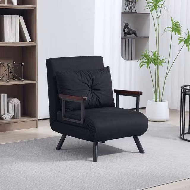 HOMCOM Black Velvet Fabric Click Clack Single Chair Bed Settee with Metal Frame – 1