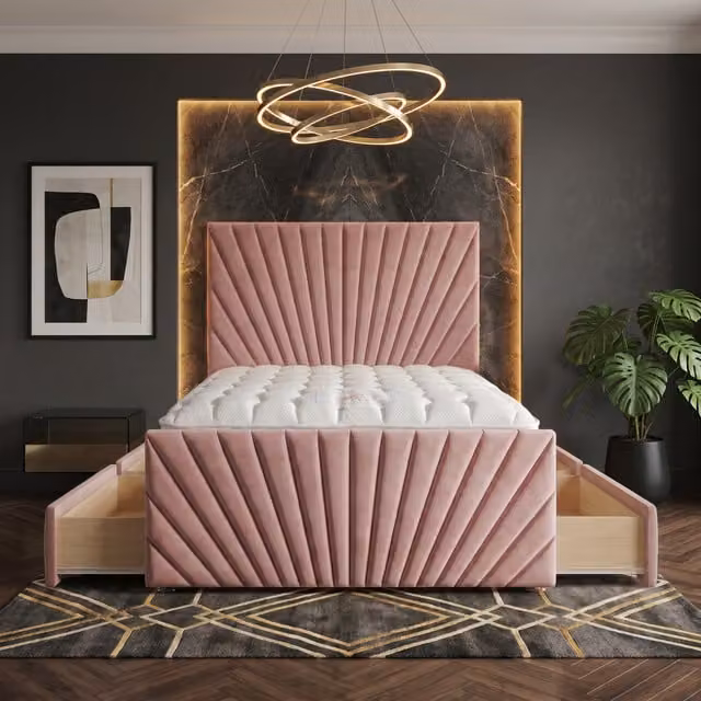 Somnior Beds Ltd Sunrise Pink Velvet Divan Bed with Mattress and Drawers W/D/H: 120 x 200 cm