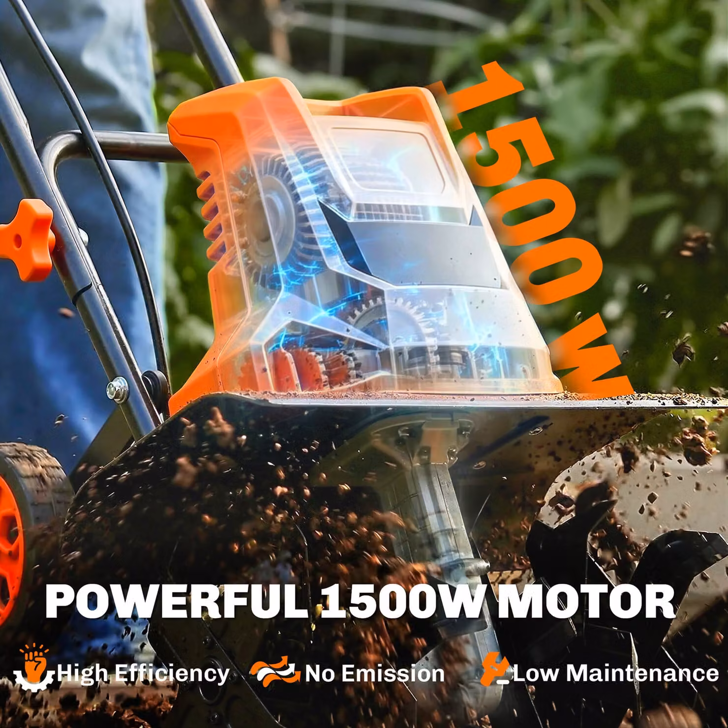Outsunny 1500W Electric Garden Tiller in Orange with Foldable Handle, 40cm Working Width, 20cm Tilling Depth and 6 Steel Blades – 4