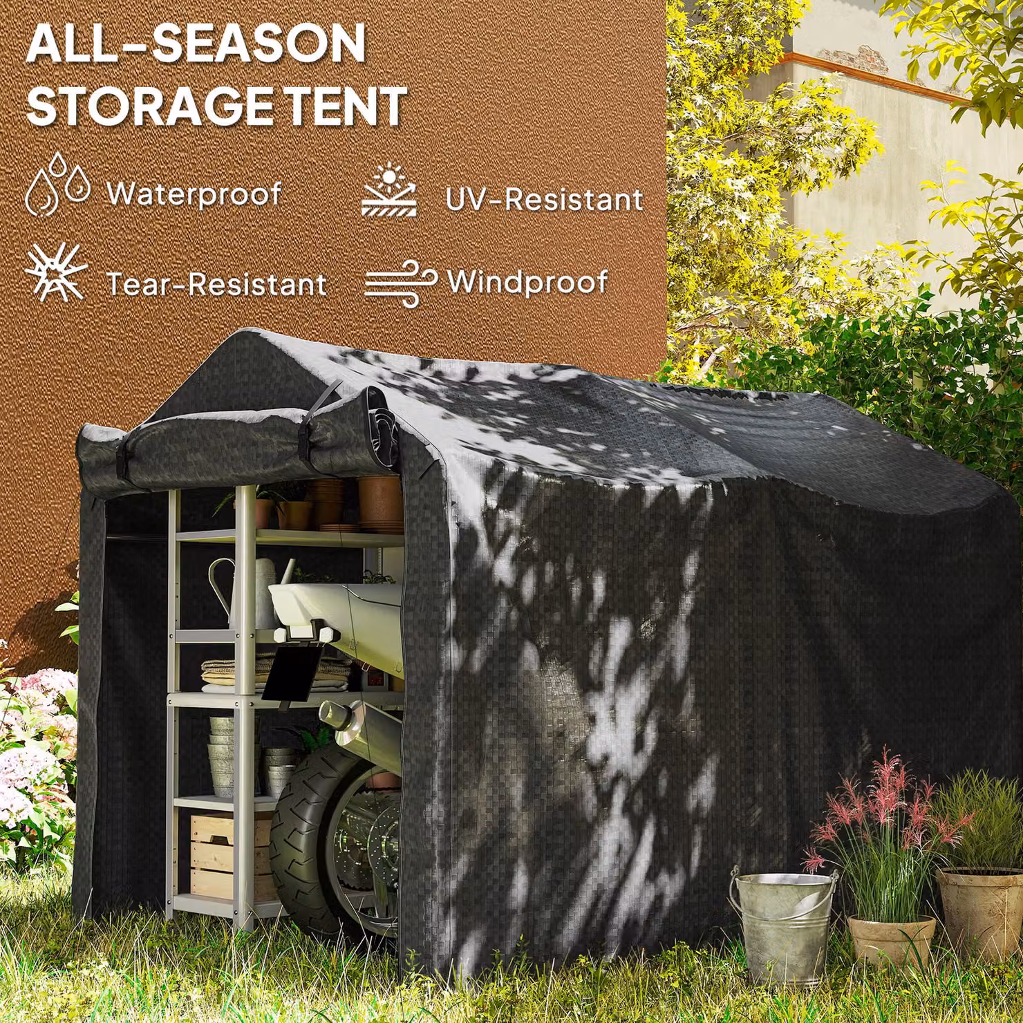 Outsunny Waterproof Anti-UV Bike Tent with Storage and Roll-up Zipper Door, Black, W: 2.2 m, D: 1.6 m – 4