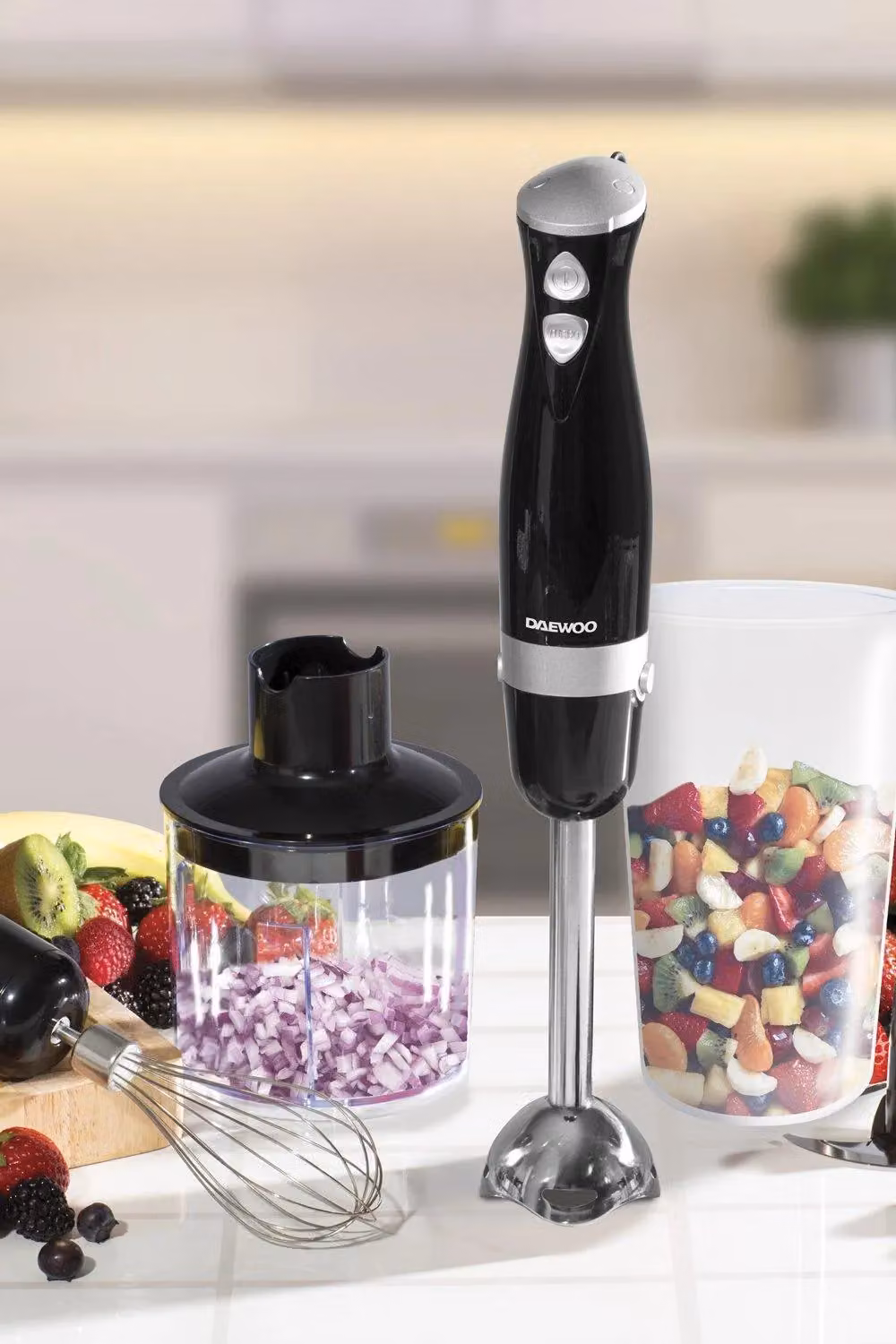 Daewoo 600W Hand Blender Food Processor Set with Whisk, Chopping Bowl and Jug in Black – 6