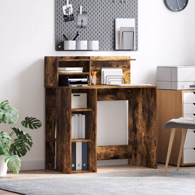 Berkfield Modern Writing Desk with Storage in Smoked Oak Brown, W: 90 cm, D: 48 cm, H: 101.5 cm