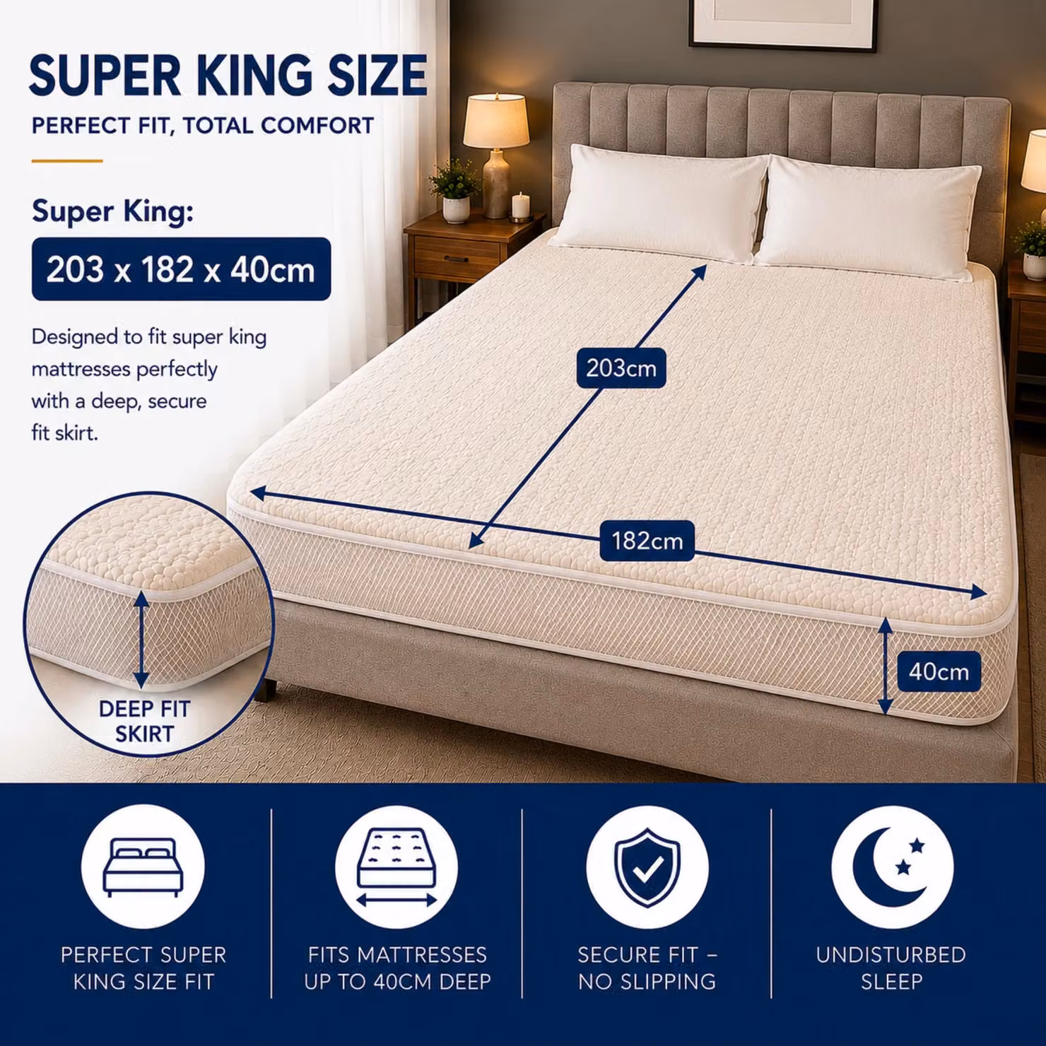 MYLEK Super King Size Fleece Heated Fitted Electric Blanket in White, W/D/H: 200 x 200 cm – 2