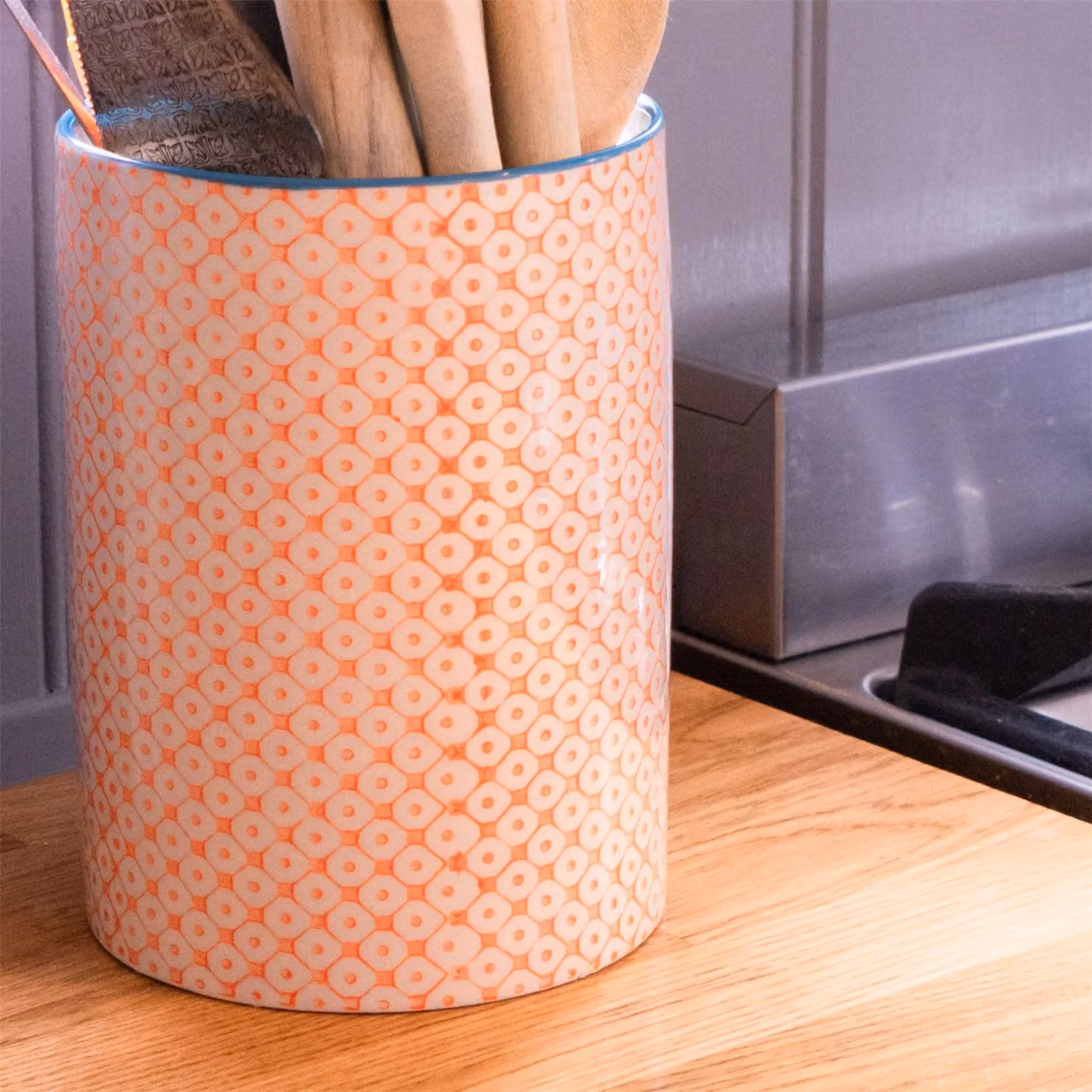 Nicola Spring Hand-Printed Ceramic Kitchen Utensil Holders, Orange, Pack of 3 – 3