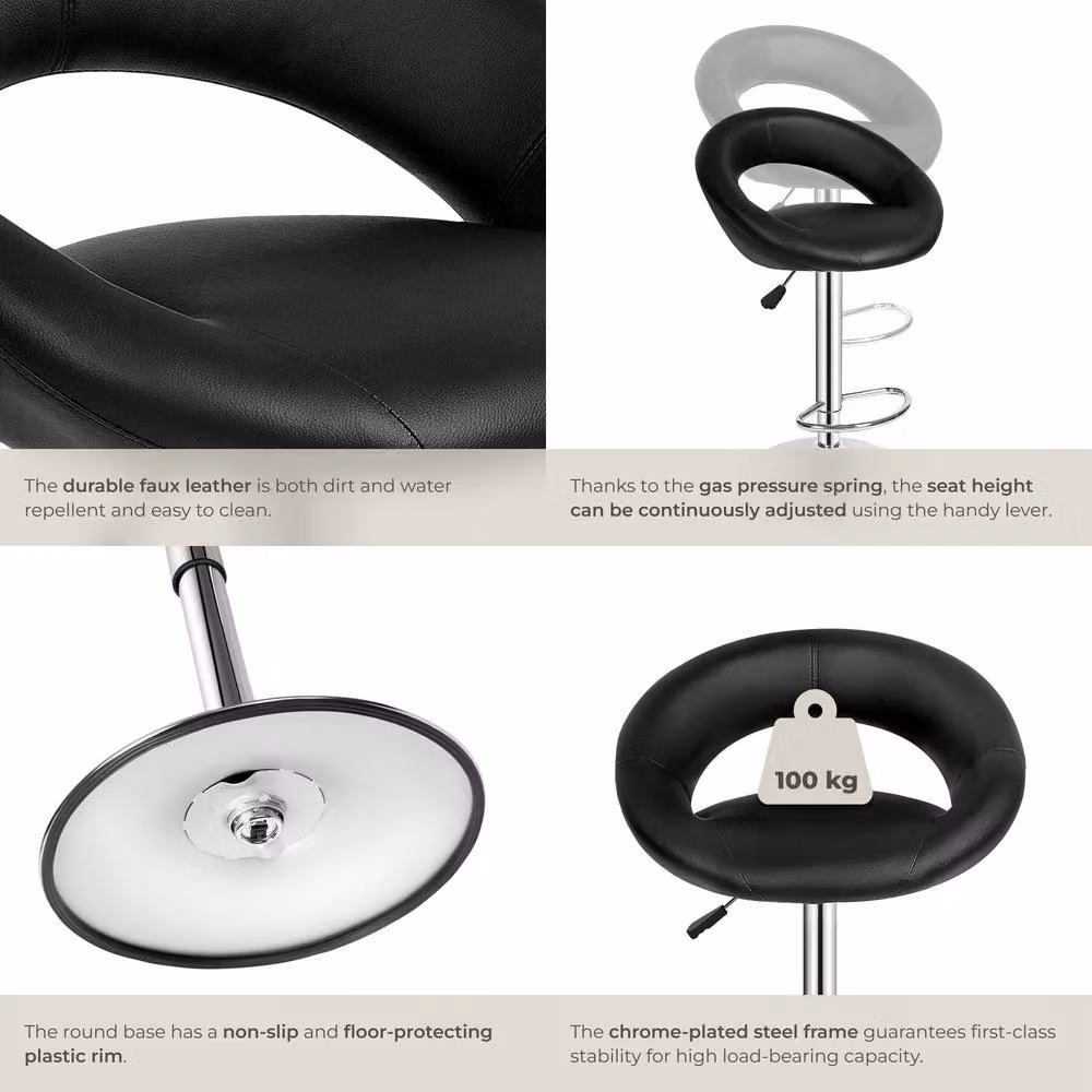 tectake Christian Set of 2 Modern Bar Stools in Black Synthetic Leather with Metal Frame – 5