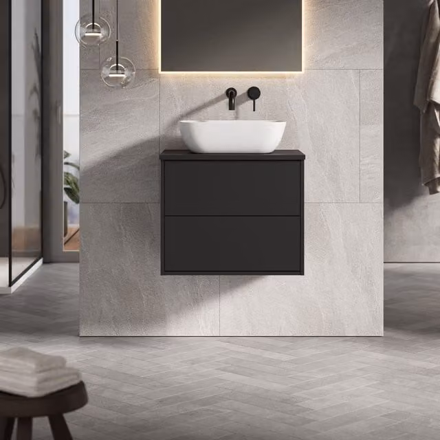 Banyetti Venti 600mm Wall Hung Vanity Unit with Matching Worktop in Matt Black – 1