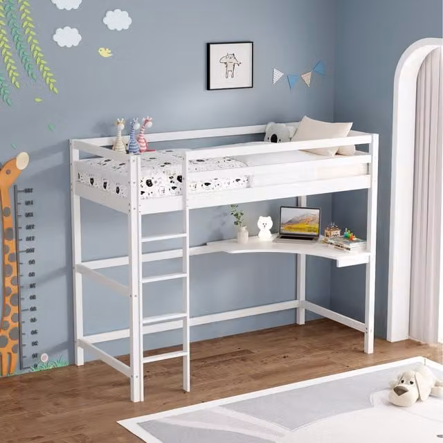 Poppy White Wooden High Sleeper Bunk Bed with Desk for Children