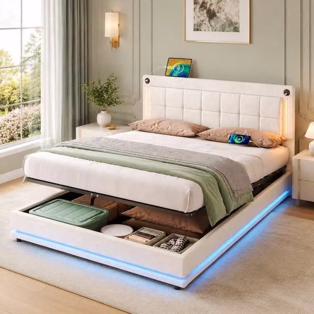 STILVORA King Ottoman Bed in Beige Velvet with LED Lighting, USB Charging Port and Integrated Reading Light, W/D/H: 180 x 200 cm