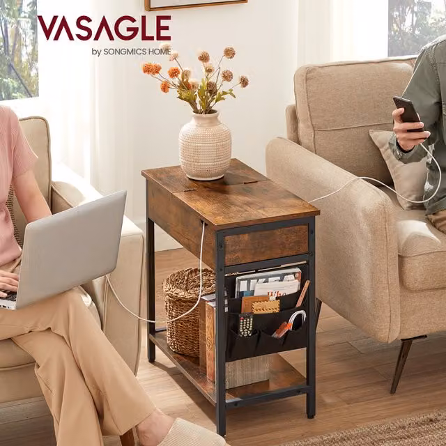 VASAGLE Slim Side Table with Charging Station and Storage in Bronze and Brown