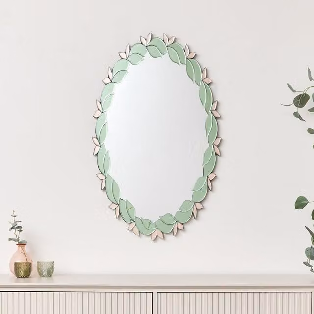 Melody Maison Pink and Green Oval Floral Art Deco Wall Mirror W: 80 cm, H: 49 cm