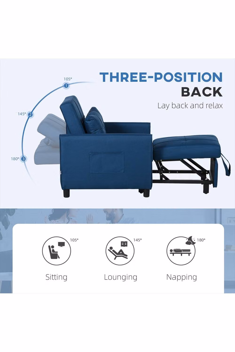 ERGOVEXA Blue Linen-Look Single Chair Bed with Armrests – 3