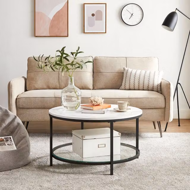 VASAGLE Round Modern Coffee Table with Glass Shelf in White