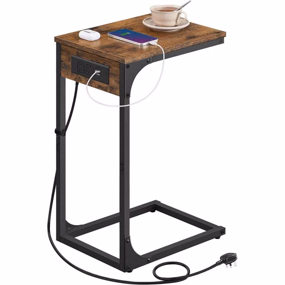 The Bazaarist C Shaped Side Table with USB Charging Station, Brown – 2