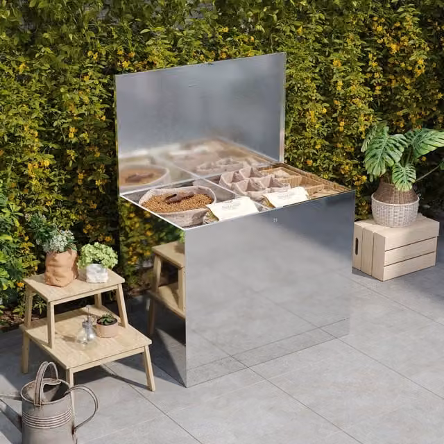 Livingandhome Lockable Outdoor Feed Storage Box in Silver Galvanised Steel with 2 Compartments
