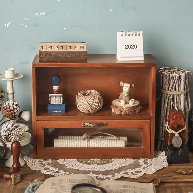 EONLION Vintage Wooden Desktop Cabinet Shelf in Brown