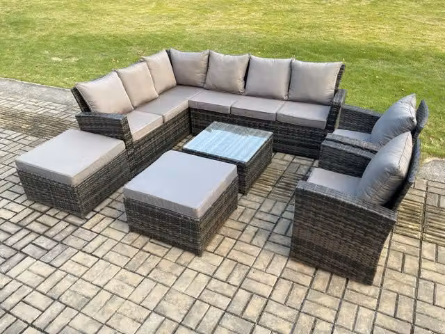 Fimous 10 Seat Rattan Garden Furniture Set in Dark Grey with Corner Sofa, Coffee Table and Ottomans
