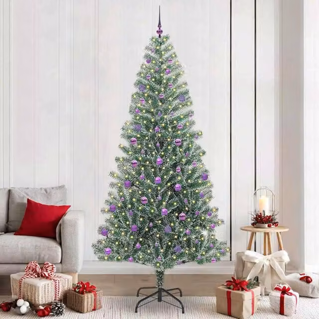 Berkfield Home Snow Flocked Artificial Christmas Tree with LED Lights, Green, Height: 240 cm