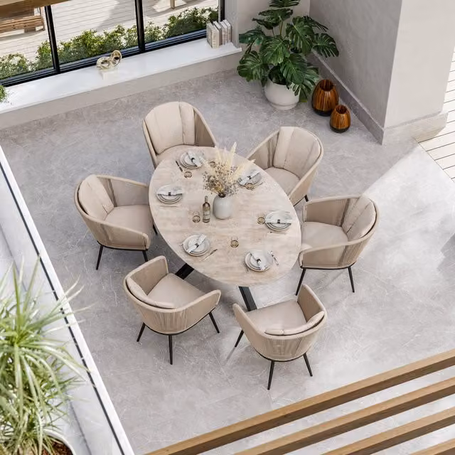 Royalcraft Bali 6 Seater Ellipse Ceramic Glass Dining Set in Sand, Black and Beige