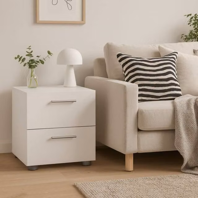 Wyld Haus Daejeon White Bedside Table with 2 Drawers, W/D/H: 40.2 x 40.0 x 42.3 cm