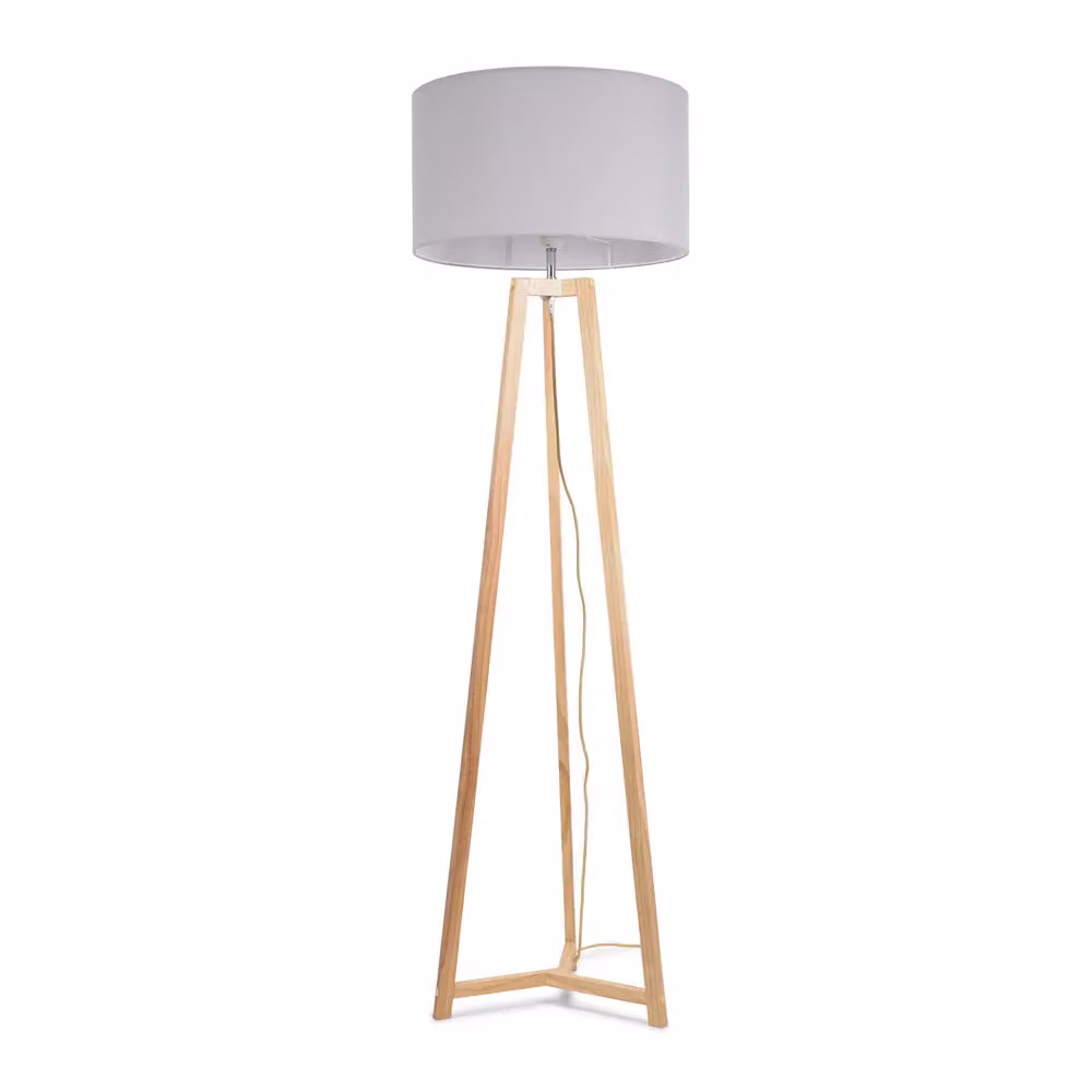 ValueLights Lottie Natural Wood Tripod Floor Lamp with Grey Fabric Drum Shade and LED Bulb – 2