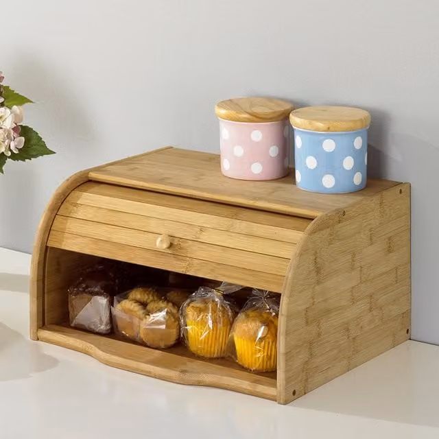 Livingandhome Bamboo Bread Bin with Roll Front Lid in Brown
