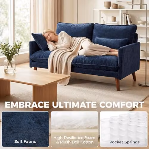 HOMCOM 2 Seater Modern Velvet Sofa in Blue with Scatter Cushions, W: 131 cm, H: 78 cm, D: 83 cm – 4