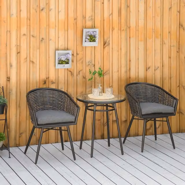Outsunny 3 Piece Modern Grey Rattan and Metal Outdoor Bistro Set with Glass Table