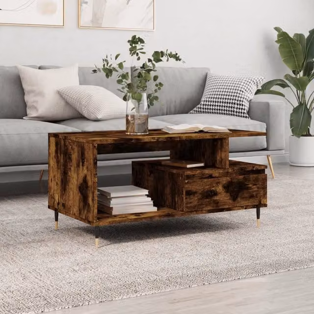 Berkfield Home Modern Rectangular Coffee Table in Smoked Oak Brown, W/D/H: 90 x 49 x 45 cm