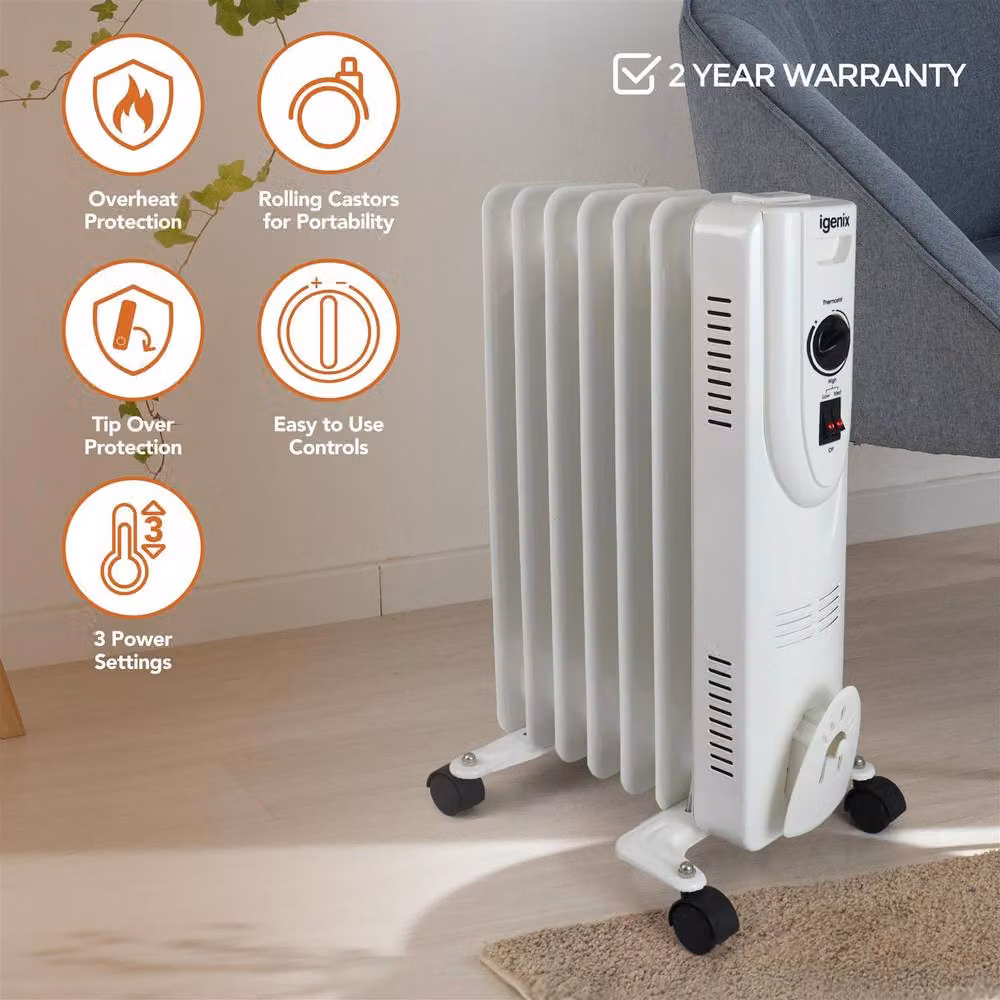 Igenix 1.5kW Oil Filled Radiator, White, H: 54 cm, W: 54 cm, D: 54 cm – 2