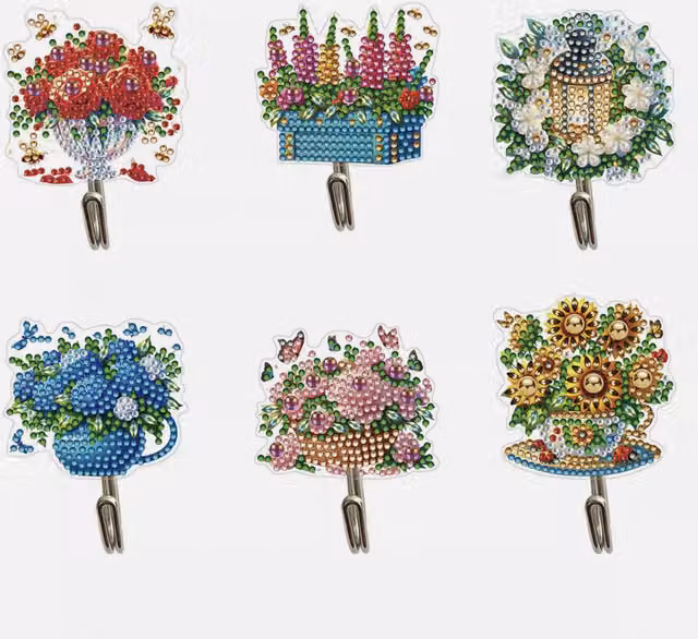 Syntego Pack of 6 Floral Diamond Art Wall Mounted Metal Hooks in Multicolour and White