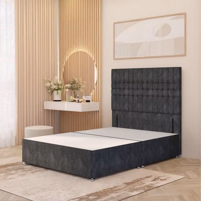 Somnior Beds Ltd Lexington Divan Bed Base with 54 inch Floor Standing Headboard in Anthracite Grey Tweed Fabric, W/D/H: 140 x 200 cm