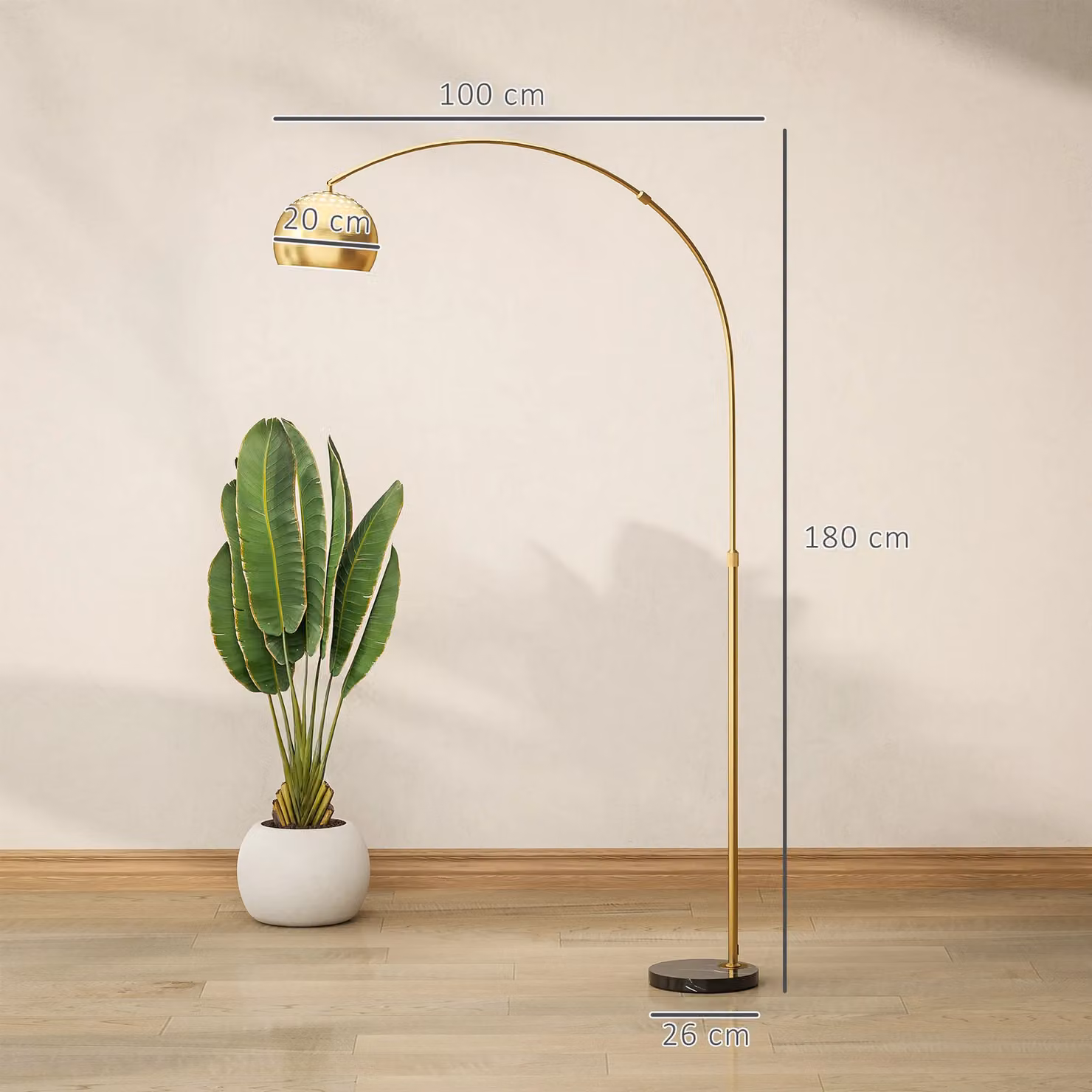 HOMCOM Gold Arc Floor Lamp for Living Room, Metal U-Shaped Standing Lamp, H 180 cm x W 26 cm x D 26 cm – 3