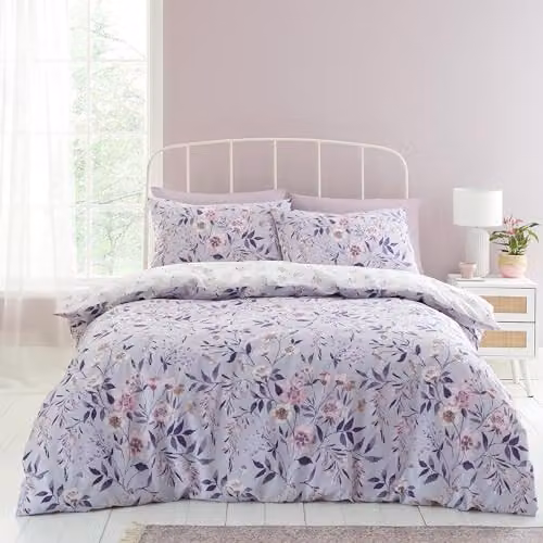 Catherine Lansfield Isadora Floral Reversible King Duvet Cover and Pillowcase Set in Lilac