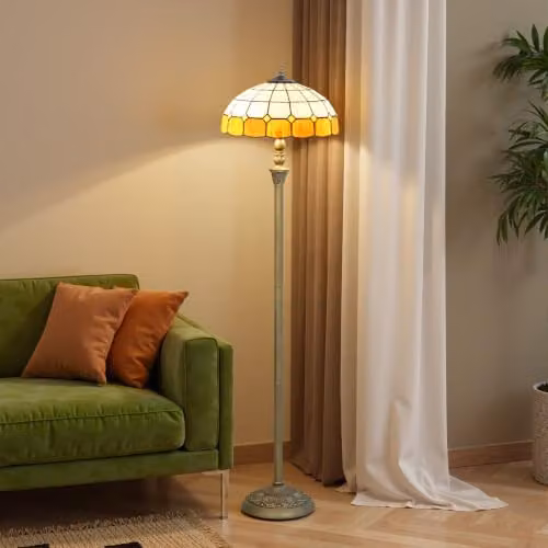 HOMCOM Vintage Tiffany-Style Floor Lamp with Handcrafted Stained Glass Shade in Orange and Bronze Tone, Height: 152 cm