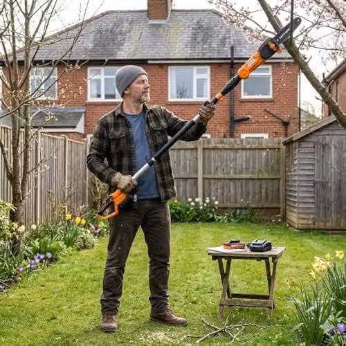 Ark Mat Cordless Pole Saw with Rechargeable Battery and Charger in Orange, Telescopic Electric Tree Pruner with 200mm Adjustable Cutting Head – 2